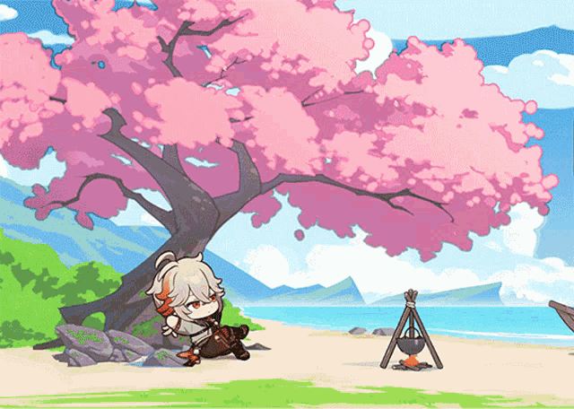 a cartoon character sits under a cherry blossom tree on a beach