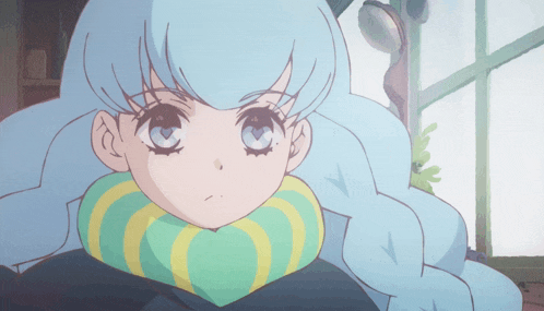 a cartoon girl with blue hair and a yellow and green scarf around her neck