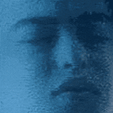 a close up of a person 's face with a blue background and a blurred image
