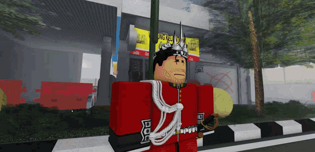 a roblox character with a crown on his head stands in front of a building that says ' hottest ' on it
