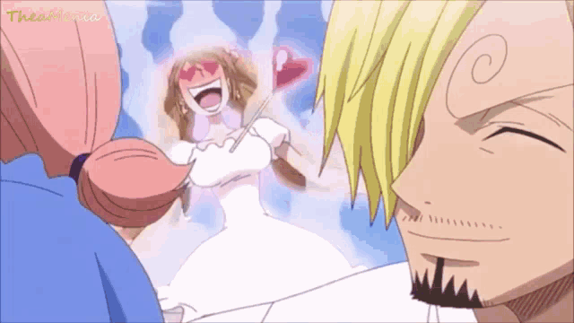a man with a beard and a woman in a white dress are standing next to each other in a cartoon ..