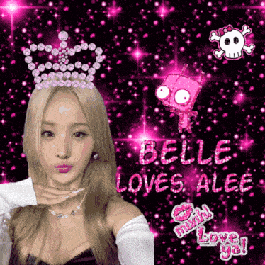 a girl with a crown on her head with the words belle loves alee behind her