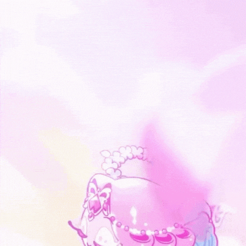 a cartoon drawing of a girl with pink hair and a purple dress