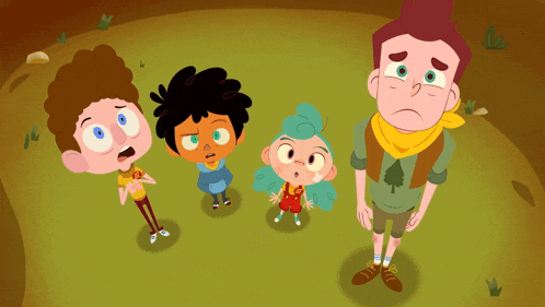 a group of cartoon characters with one wearing a shirt that says ' camp camp '