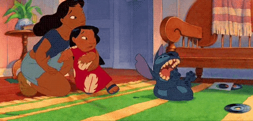 a cartoon of a woman hugging a child and a stitch sitting on a rug