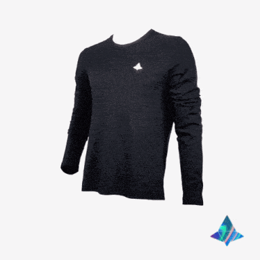 the back of a black long sleeve shirt with a white triangle on the back