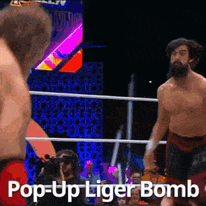 two men in a wrestling ring with the words pop-up liger bomb