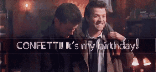 two men are standing next to each other with the words confetti it 's my birthday on the bottom