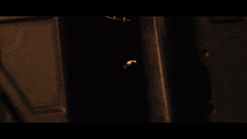 a close up of a person 's face in a dark room with fire in the background
