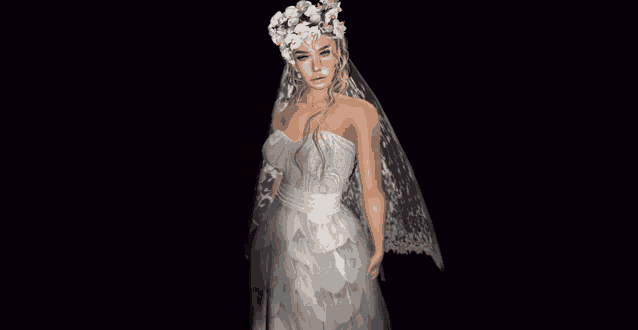 a woman in a wedding dress with a veil and flowers on her head