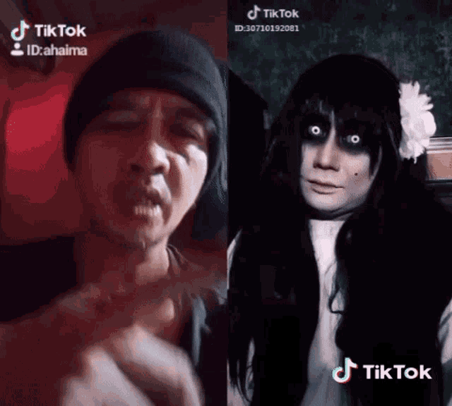 a man in a beanie is next to a woman in a ghost costume on tiktok
