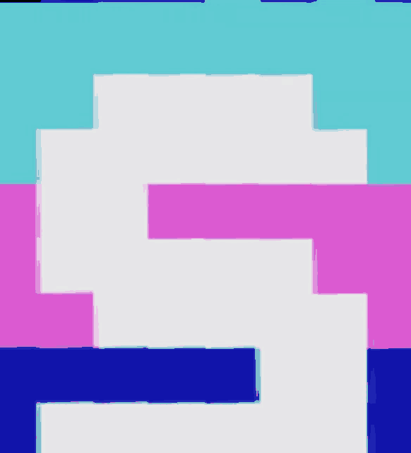 a pixel art of the letter s on a blue pink and white background