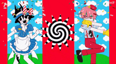 a cartoon of a girl in a maid outfit and a boy in a red and white shirt