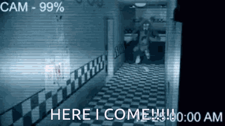 a ghostly figure is walking through a hallway with the words here i come written on the bottom
