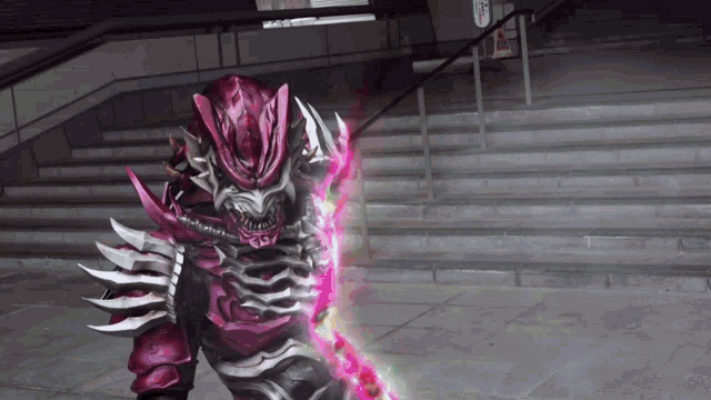 a skeleton with a pink sword is standing in front of some stairs