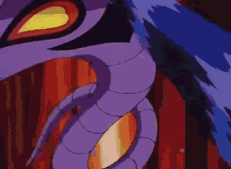 a purple snake with yellow eyes is biting a blue object