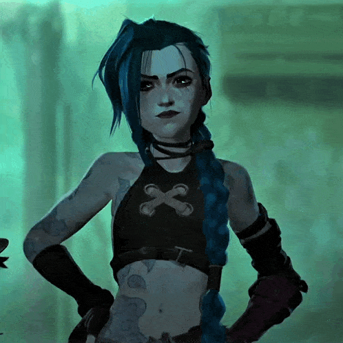 a girl with blue hair is wearing a black top with a x on it