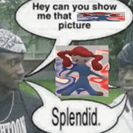 a speech bubble says hey can you show me that picture splendid and has a picture of a cartoon character on it