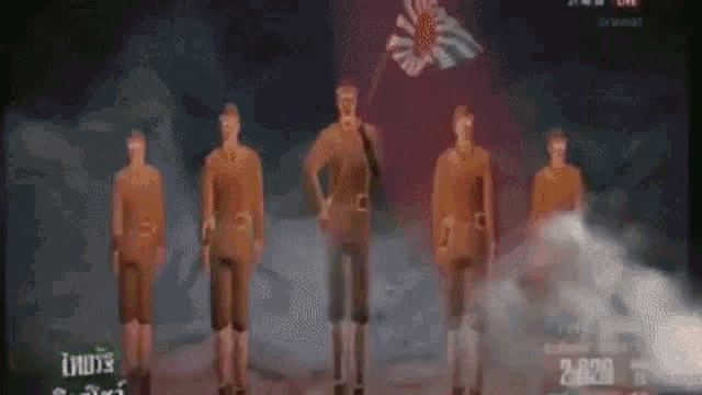 a group of soldiers are standing in front of a screen with a flag on it .
