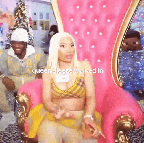 a woman sitting in a pink chair with the words queen sleeze walked in
