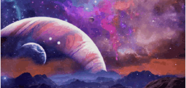 a painting of a galaxy with mountains and planets