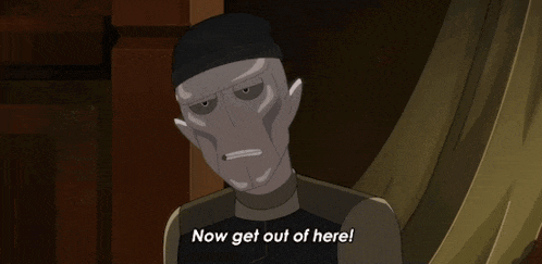 a cartoon character with the words now get out of here