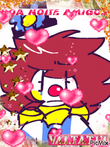 a cartoon of a clown with hearts and the words boa noite amigos