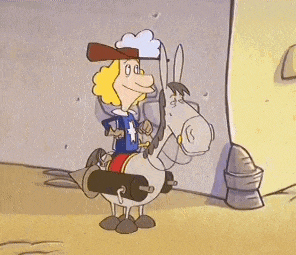 a cartoon character is riding on the back of a donkey with a cannon attached to it