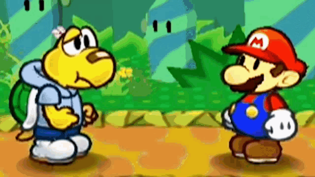 a cartoon of mario and koopa standing next to each other in a game .