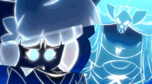 a blue and white cartoon character with a skull on his head