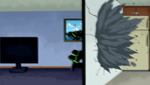 a cartoon of a room with a tv and a refrigerator