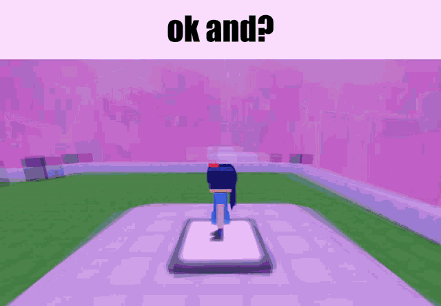 a cartoon character is standing in a room with the words ok and on the top