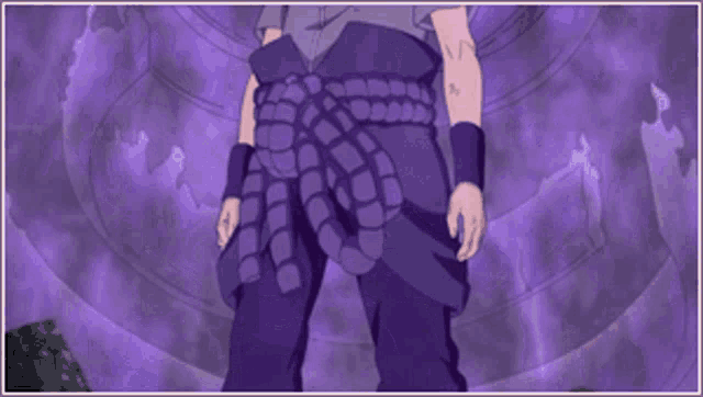 a cartoon character with purple pants and a purple belt around his waist