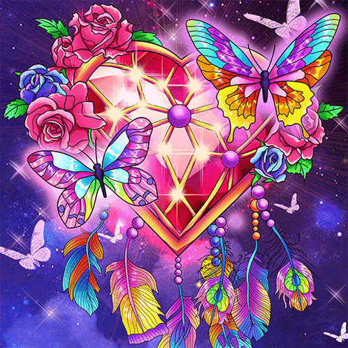 a colorful painting of a heart surrounded by butterflies and roses
