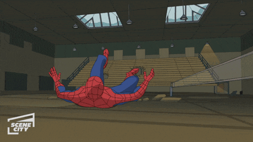 a cartoon of spider-man hanging upside down from a basketball hoop with the words scene city below him