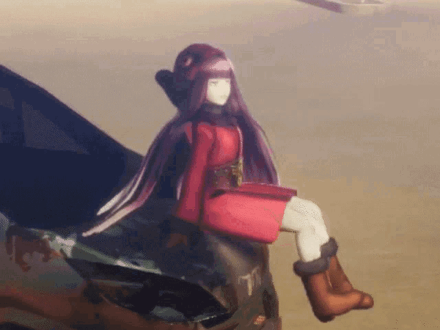 a girl with long purple hair sits on the hood of a car