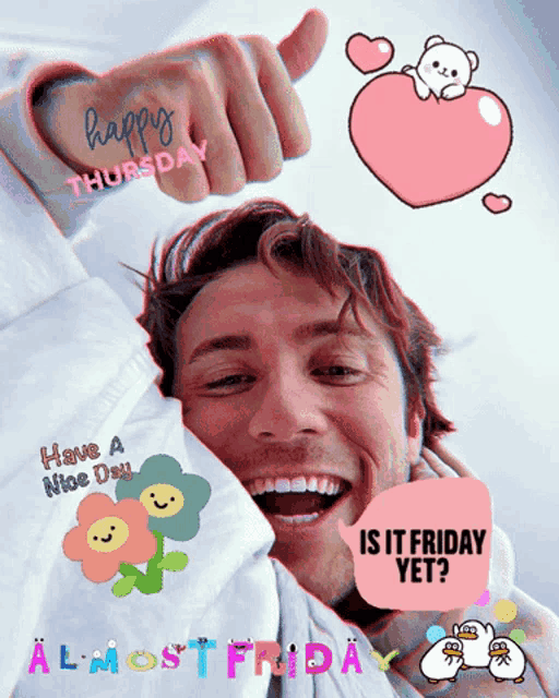 a picture of a man with a speech bubble that says is it friday yet