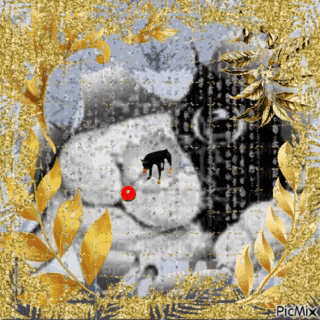 a picture of a cat with a red ball in its mouth is surrounded by gold leaves