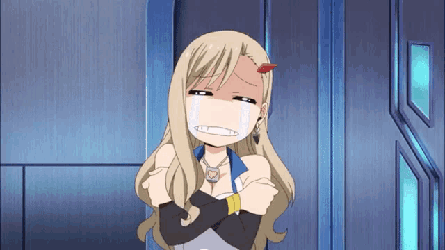 a blonde anime girl with a red arrow in her hair crying