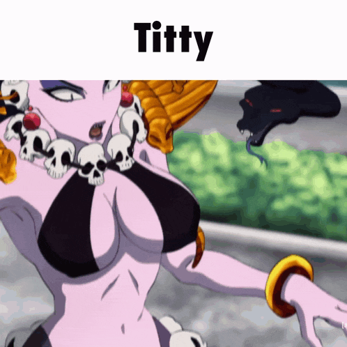a cartoon of a woman with skulls around her neck and the word titty on top