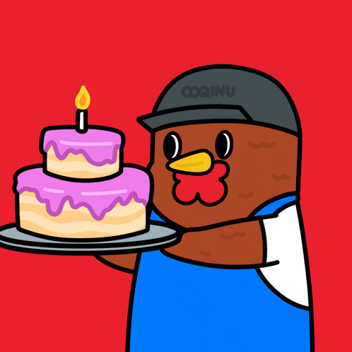 a cartoon of a chicken holding a cake with a candle on it