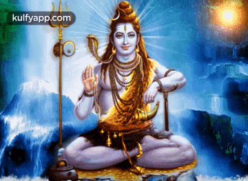 a painting of lord shiva sitting on a rock