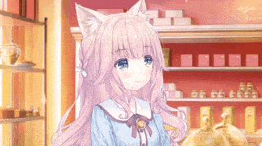 a girl with pink hair and cat ears is standing in front of a shelf in a store .