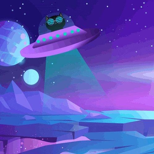 a cat wearing sunglasses is flying in a purple spaceship
