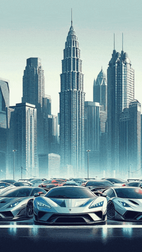 a row of sports cars are parked in front of a city skyline