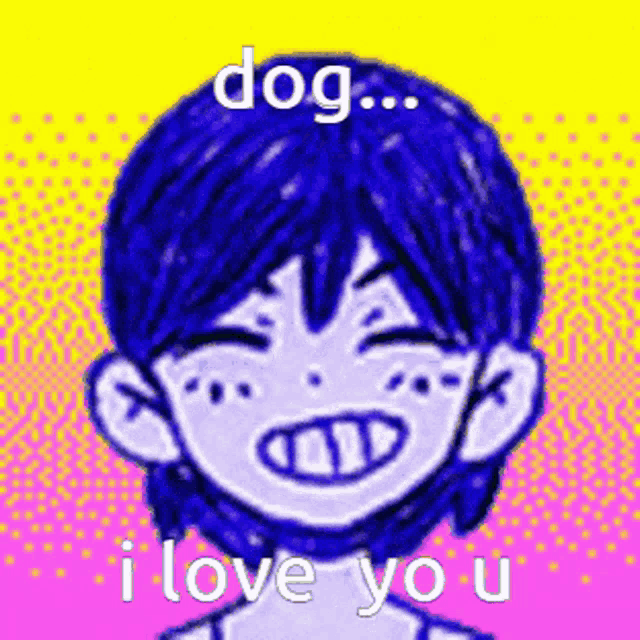 a boy with blue hair is smiling and says `` dog ... i love you '' .