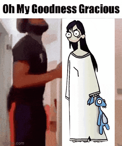 a man standing next to a cartoon of a woman holding a stuffed animal