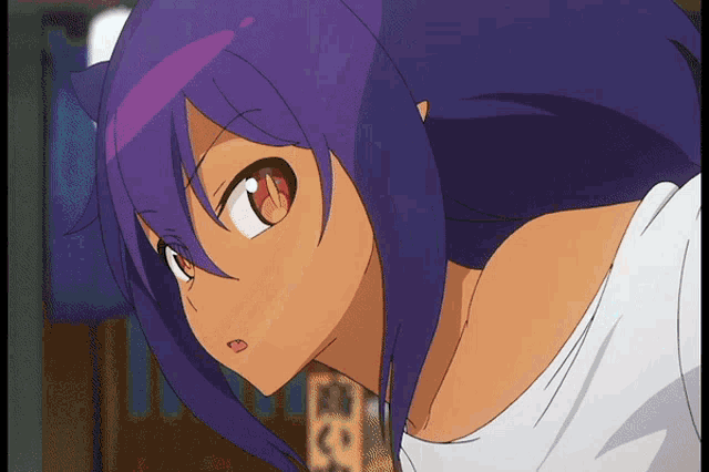 a purple haired anime character with a white shirt