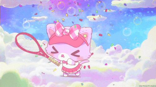 a cartoon drawing of a cat holding a tennis racquet with the words hothotmiso below it