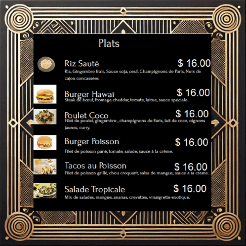 a menu for a restaurant in french with prices